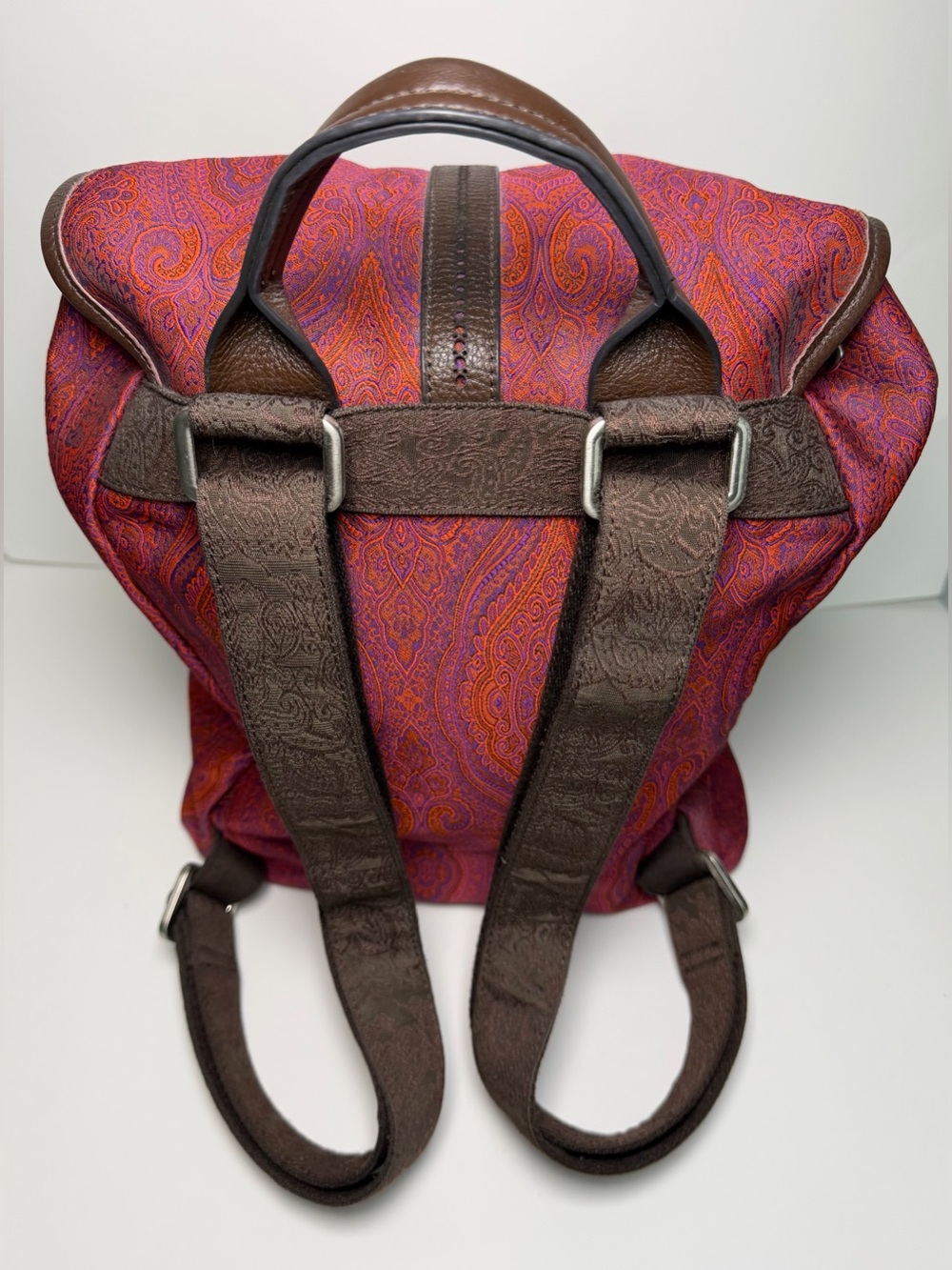 Robert Graham Stellen Rucksack Paisley Red Purple Silk + Brown Leather, Backpack - Picture 5 of 16